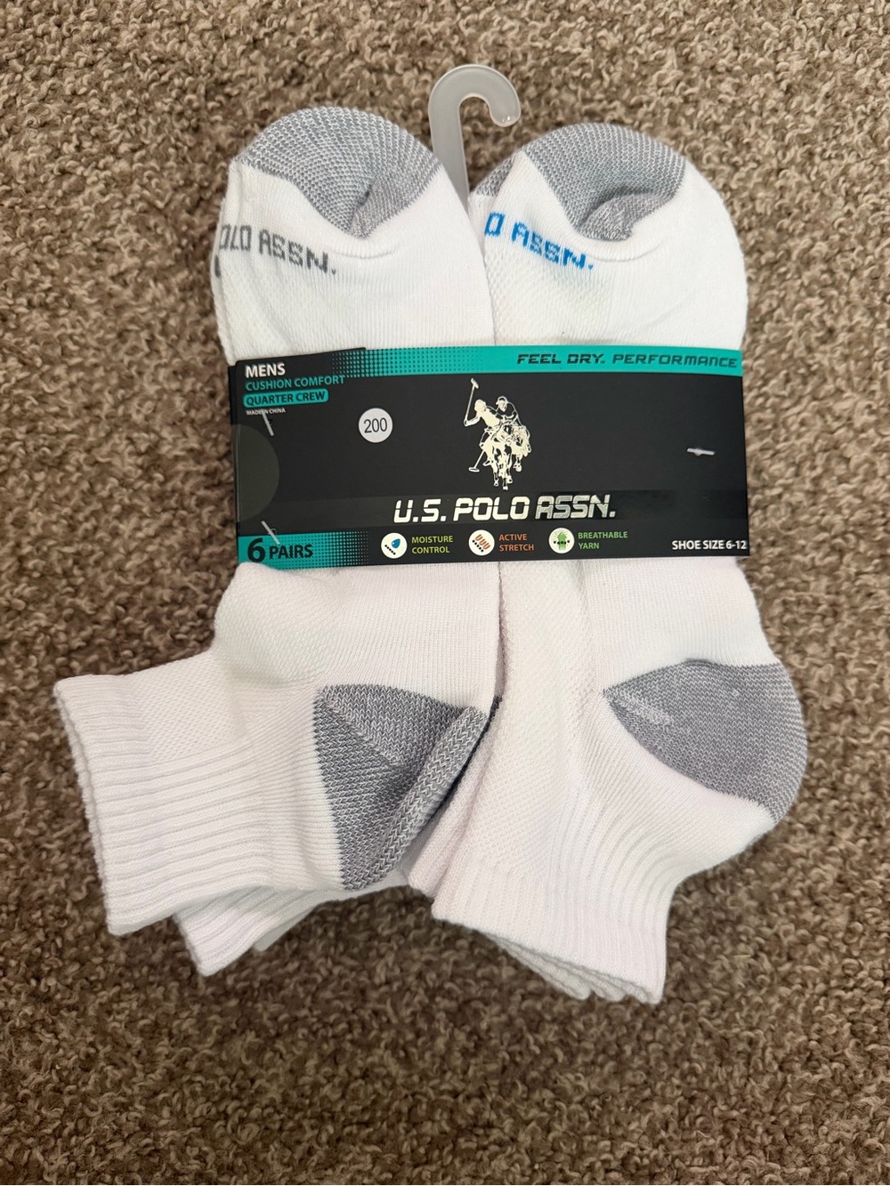 U.S. Polo Assn. Men’s White Quarter Crew Socks with Gray Heel & Toe - 6 Pack